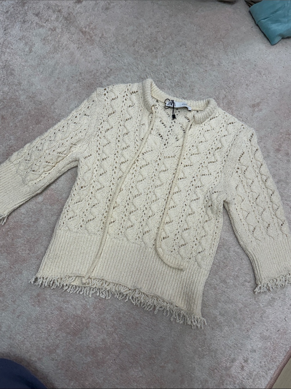 Zara Cream Open-Knit Crewneck Sweater with Fringe